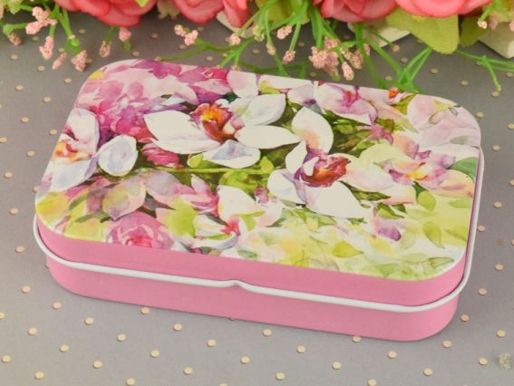Коробочка жестяная с рисунком Цветы акварельные, прямоугольная, 9,5х6 см, 1 шт, рисунок на выбор №11