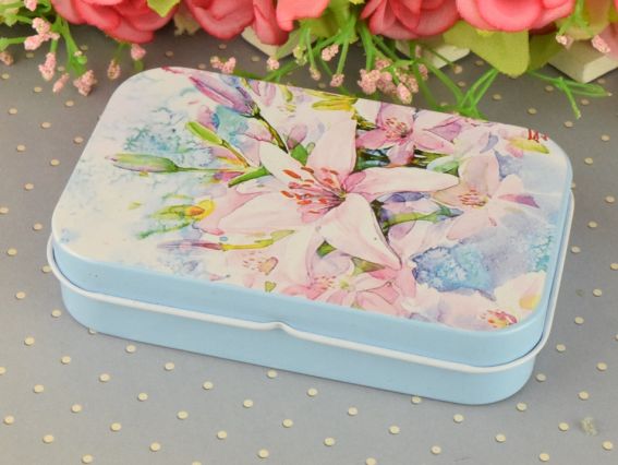 Коробочка жестяная с рисунком Цветы акварельные, прямоугольная, 9,5х6 см, 1 шт, рисунок на выбор №12