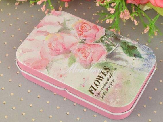 Коробочка жестяная с рисунком Цветы акварельные, прямоугольная, 9,5х6 см, 1 шт, рисунок на выбор №01