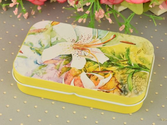Коробочка жестяная с рисунком Цветы акварельные, прямоугольная, 9,5х6 см, 1 шт, рисунок на выбор №03