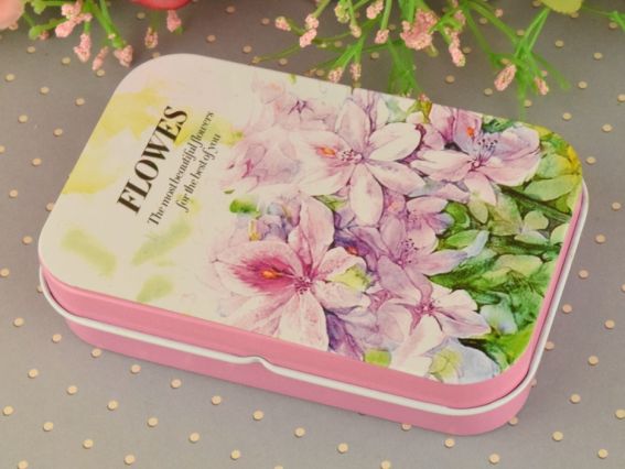 Коробочка жестяная с рисунком Цветы акварельные, прямоугольная, 9,5х6 см, 1 шт, рисунок на выбор №04
