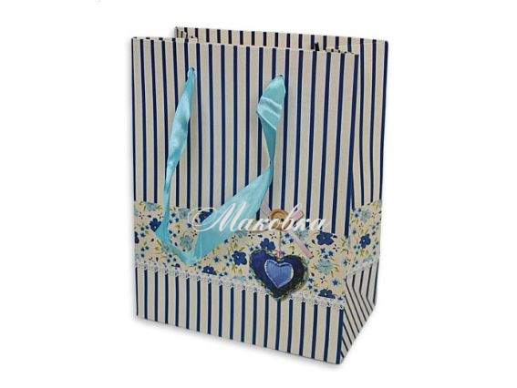 Пакет большой подарочный Полосочки и сердечко, голубой, (290366) 45х32х11,5 см, с ручками из лент Пакет большой подарочный Полосочки и сердечко, голубой, (290366) 45х32х11,5 см, с ручками из лент