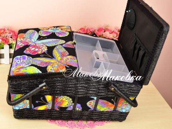 Шкатулка для рукоделия РТО 3382-RT-64, Яркие бабочки, двухстворчатаяна черном, прямоугольная Шкатулка для рукоделия РТО 3382-RT-64, Яркие бабочки, двухстворчатаяна черном, прямоугольная