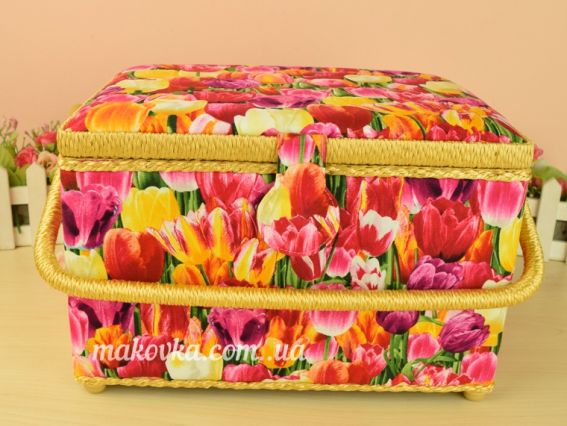 4121- RT-62 квіти тюльпани, прямокутна Скринька для рукоділля 28,5*21*19 см
