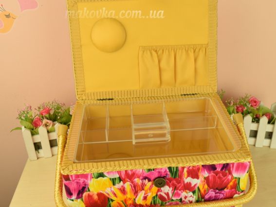 4121- RT-62 квіти тюльпани, прямокутна Скринька для рукоділля 28,5*21*19 см