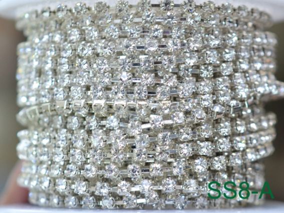 Цепь со стразами SS8-A серебро с белым, 10 сантиметров