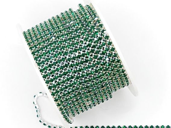 Ланцюг срібний з зеленими стразами , 10 сантиметрів SS-08-В , колір C1175-Emerald, 10 см