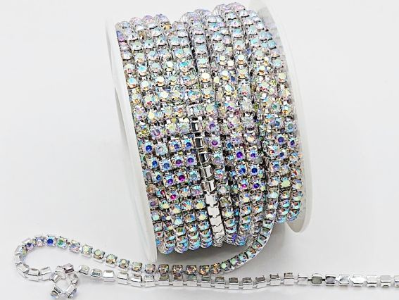 Ланцюг срібний з прозорими блискучими стразами , 10 сантиметрів SS-12-В , колір C1301-Crystal AB, 10 см