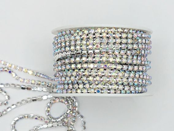 Ланцюг срібний з прозорими блискучими стразами , 10 сантиметрів SS-12-В , колір C1301-Crystal AB, 10 см