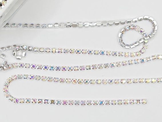 Ланцюг срібний з прозорими блискучими стразами , 10 сантиметрів SS-12-В , колір C1301-Crystal AB, 10 см