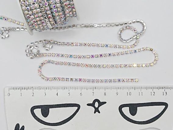 Ланцюг срібний з прозорими блискучими стразами , 10 сантиметрів SS-12-В , колір C1301-Crystal AB, 10 см