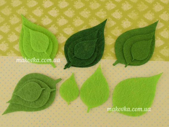 Заготовки из фетра Весенние листья БЕРЕЗЫ (зеленые), 5 цветов по 3 шт,  Чудесина