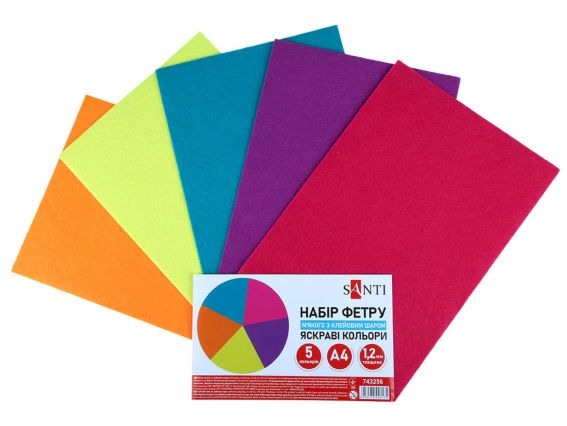 Набор цветного самоклеющегося фетра SANTI мягкого, Яркие цвета, размер 21х30см. 5 листов 743256 