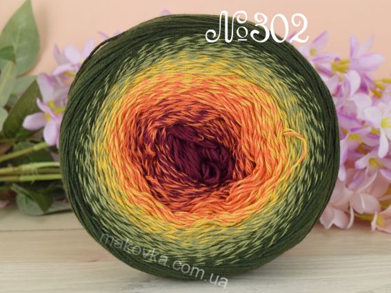Flowers Yarn Art пряжа 302 хакі темний та світлий-жовтий-помаранч-марсала