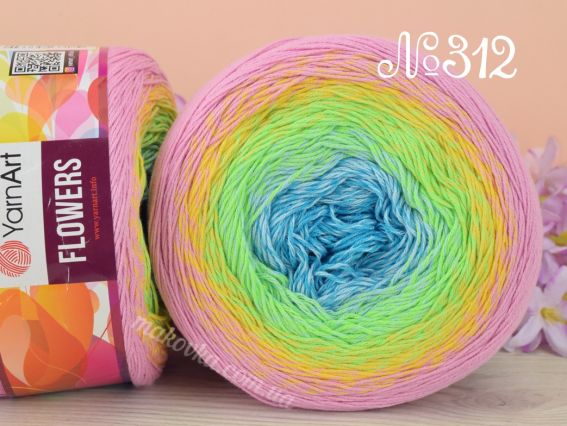 Flowers Yarn Art пряжа 312 рожевий-жовтий-салат-блакитний