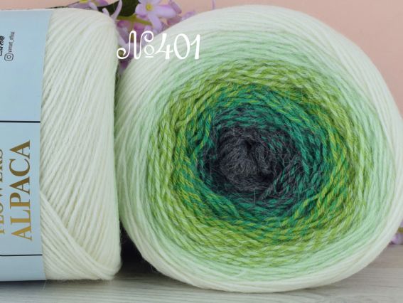 Flowers Alpaca YarnArt пряжа 401 молочний-салат-зелений-сірий