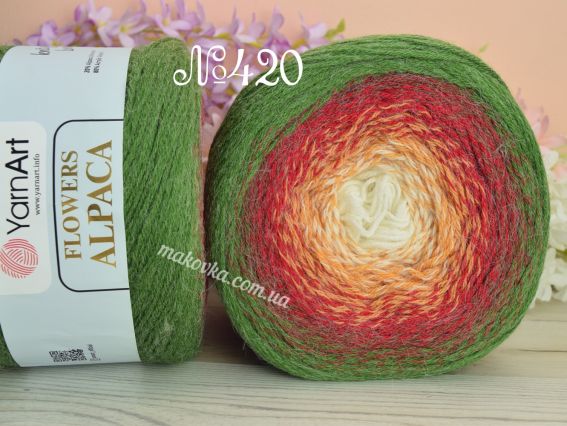 Flowers Alpaca YarnArt пряжа 420 зелений-червоний-жовтий-молочний