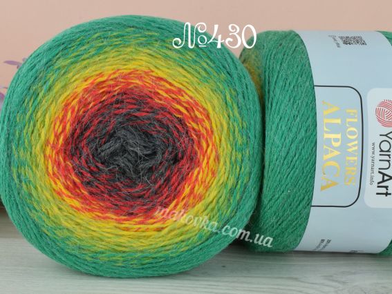Flowers Alpaca YarnArt пряжа 430 зелений-жовтий-червоний-сірий