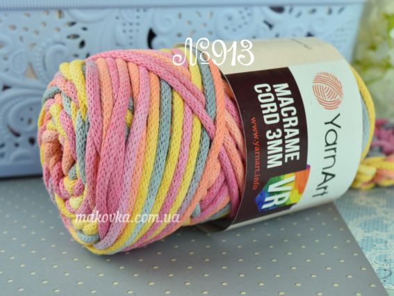Шнур макраме Macrame Cord 3мм VR YarnArt 913 рожевий-сірий-жовтий