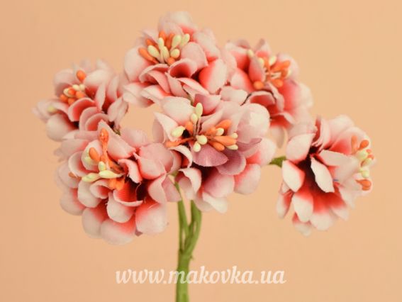 Букетик Квіти півонії з тичинками, тканинні, 6 шт,  коралово-рожеві Букетик Квіти півонії з тичинками, тканинні, 6 шт,  коралово-рожеві