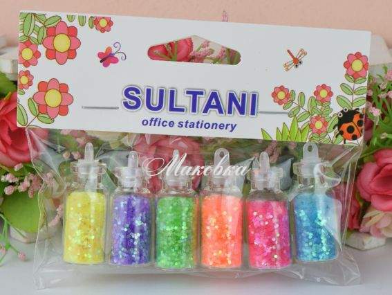 Набір глітеру різних кольорів в пляшечках, 6 шт по 2 г ST-9876, Sultani Набір глітеру різних кольорів в пляшечках, 6 шт по 2 г ST-9876, Sultani