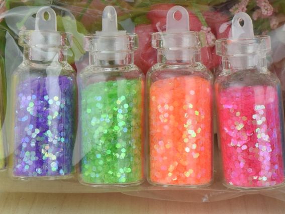 Набір скляних пляшок з глитером (блискітками) різних кольорів 6 шт по 2 г ST-9876, Sultani