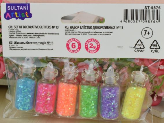 Набір скляних пляшок з глитером (блискітками) різних кольорів 6 шт по 2 г ST-9876, Sultani