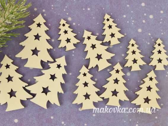 Набор Елочки белые со звездочками, микс, 12шт, фанера Набор Елочки белые со звездочками, микс, 12шт, фанера
