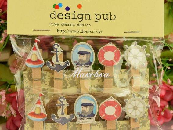 Прищепки с декором на корабельную тему Яхта, штурвал, якорь, 10шт