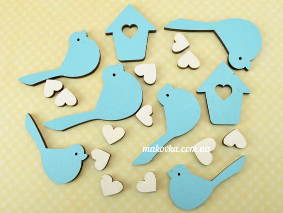 Набор Голубые птички и скворечники, белые сердечки, микс 20шт. Набор Голубые птички и скворечники, белые сердечки, микс 20шт.