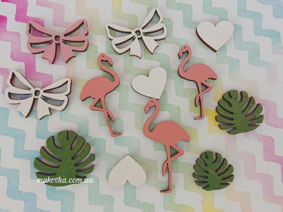 Набор Тропики: фламинго, бантики, сердечки, листики, 12 шт,  фанера Набор Тропики: фламинго, бантики, сердечки, листики, 12 шт,  фанера