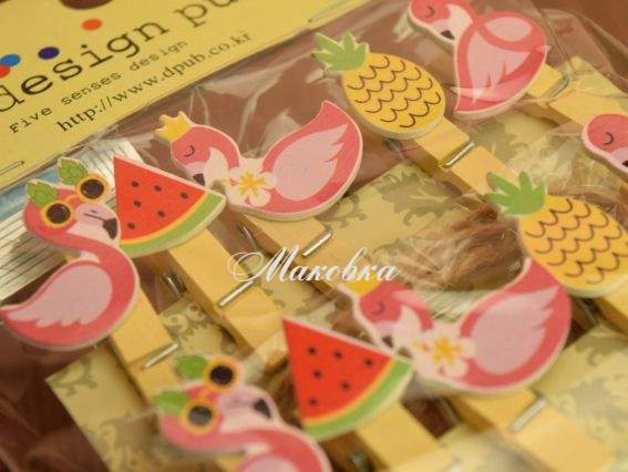 Прищепки с декором Фламинго, арбуз, ананас, 10шт