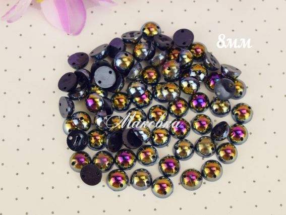 Напівперли пришивні 8 мм, круглі, Чорні голографічні, 10г/уп