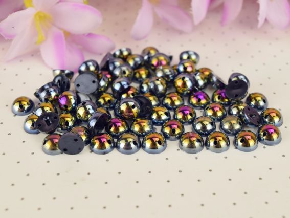 Напівнамистини , що пришиваються 8 мм, круглі  гладкі, колір чорний з голографічним покриттям 10г/уп