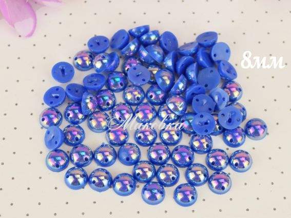 Напівперли пришивні 8 мм, круглі, Сині голографічні, 10г/уп