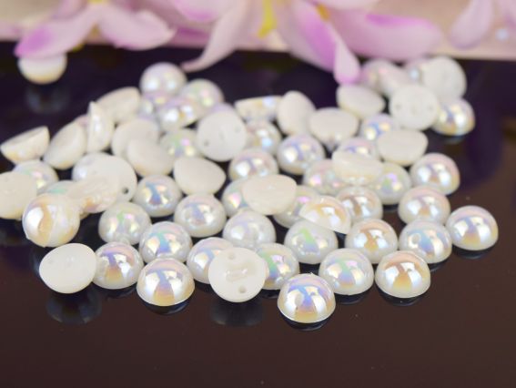 Напівнамистини , що пришиваються 8 мм, круглі  гладкі, колір білий з голографічним покриттям 10г/уп