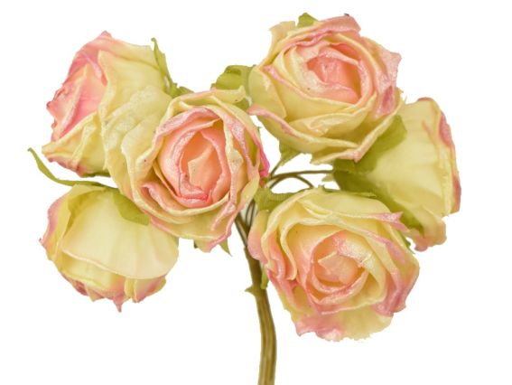 Набор Розочек, тканевые, 2,5 см, 6 шт, Экрю с розовым и блеском Набор Розочек, тканевые, 2,5 см, 6 шт, Экрю с розовым и блеском