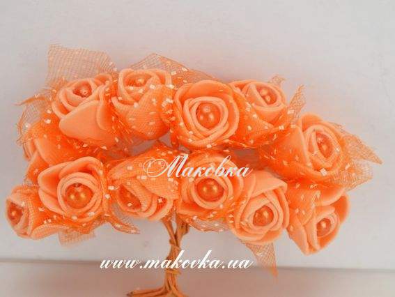 Розочки из ЭВА Фоам с Фатином и бусинкой, 12 шт/уп, абрикосовые Розочки из ЭВА Фоам с Фатином и бусинкой, 12 шт/уп, абрикосовые