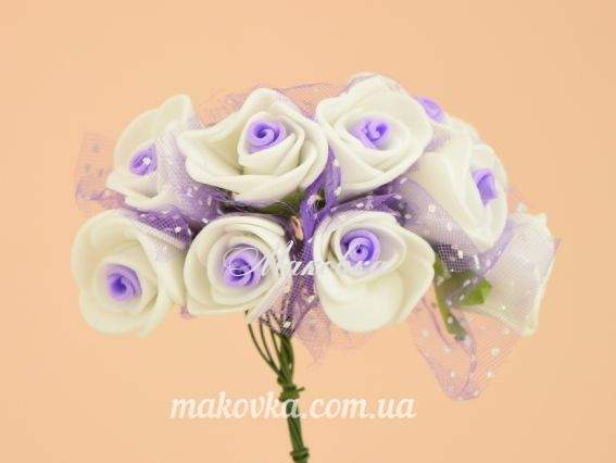 Розочки из фоама с Фатином двухцветные Белые с сиреневым, 10 шт/уп Розочки из фоама с Фатином двухцветные Белые с сиреневым, 10 шт/уп