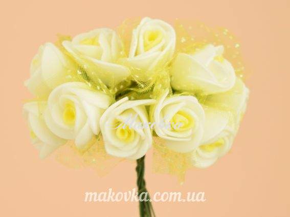 Розочки из фоама с Фатином двухцветные Белые с желтым, 10 шт/уп Розочки из фоама с Фатином двухцветные Белые с желтым, 10 шт/уп