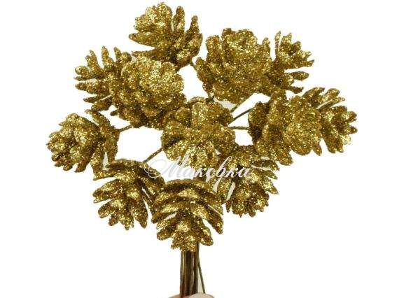 Шишки в глитере ЗОЛОТО, 12 шт 2см на проволоке Шишки в глитере ЗОЛОТО, 12 шт 2см на проволоке