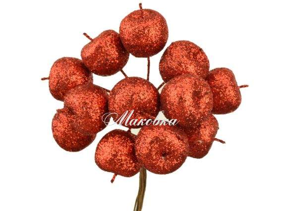 Яблоки красные в глитере, 2см, пучок 12 шт на проволоке Яблоки красные в глитере, 2см, пучок 12 шт на проволоке