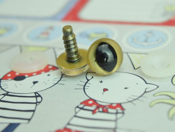 Очки для іграшок ЗОЛОТИСТІ  перламутрові  з чорним Котячі 12мм, вінт, 1 пара