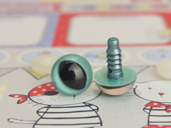 Глазки для игрушек Светло-Бирюзовые перламутровые с черным Кошачьи 12мм, винт, 1 пара