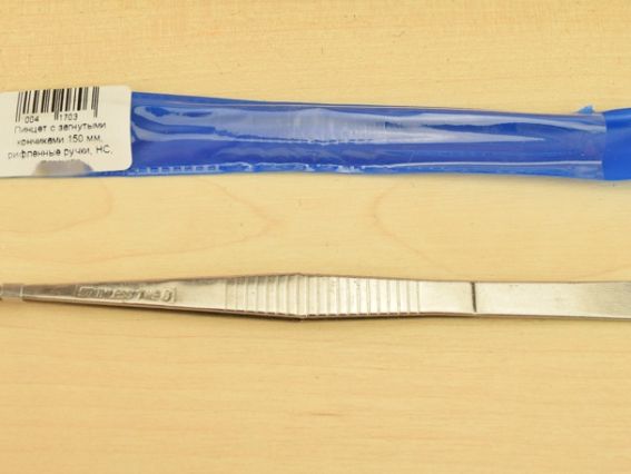 Металевий пінцет із загнутими кінчиками 150 мм, рифлені ручки, НС, ПЗМ-150.