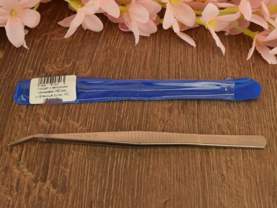 Металевий пінцет із загнутими кінчиками 150 мм, рифлені ручки, НС, ПЗМ-150.