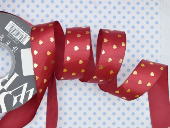 Атласна Стрічка декоративна з малюнком Золоті сердечка Бордова , 1 м