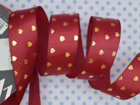 Стрічка атласна 25 мм Бордова із Золотими сердечками, 1 м Стрічка атласна 25 мм Бордова із Золотими сердечками, 1 м