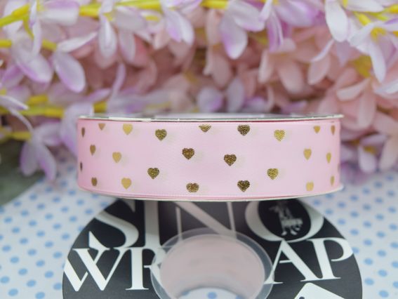 Стрічка атласна 25 мм рожева з Золотими сердечками, 1 м Стрічка атласна 25 мм рожева з Золотими сердечками, 1 м