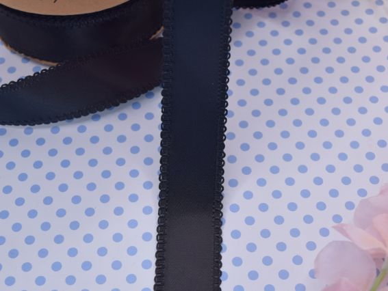 Атласна Стрічка декоративна Чорна із Бордюром , 1 м